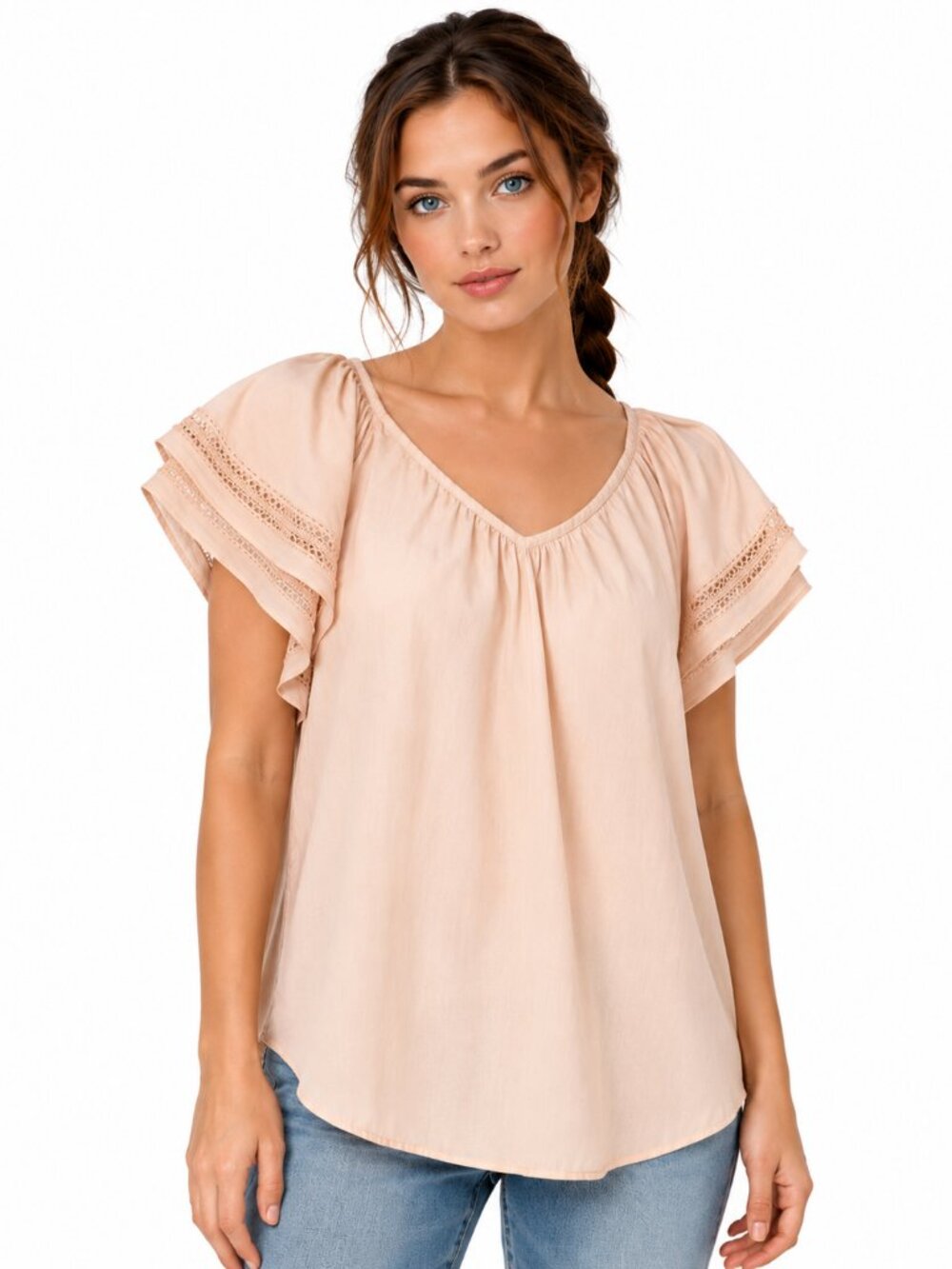 New Philosophy Pink Peach Short Sleeve Dressy Shirt Lined V Neck  XS Boho Cottag